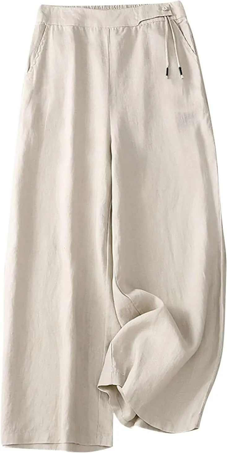 DASAYO Linen Pants for Women Trendy Elastic Waist Casual Cropped Palazzo Pants Laides Summer Beach Flowy Wide Leg Trousers