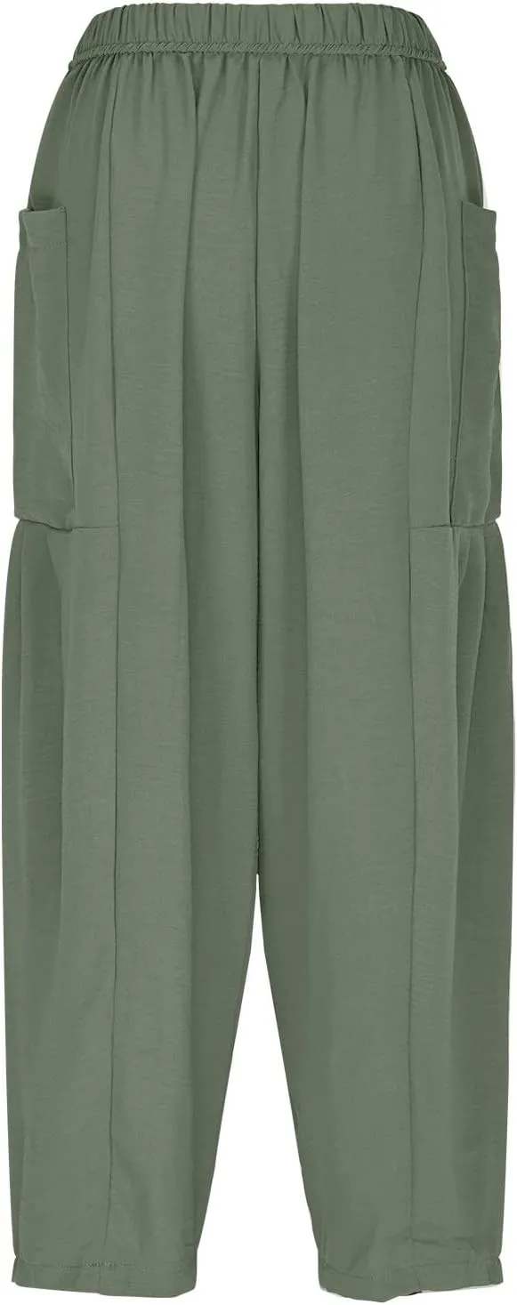 DASAYO Linen Pants Women Drawstring Elastic Waist Palazzo Harem Pants with Side Pockets Ladies Casual Loose Wide Leg Trousers