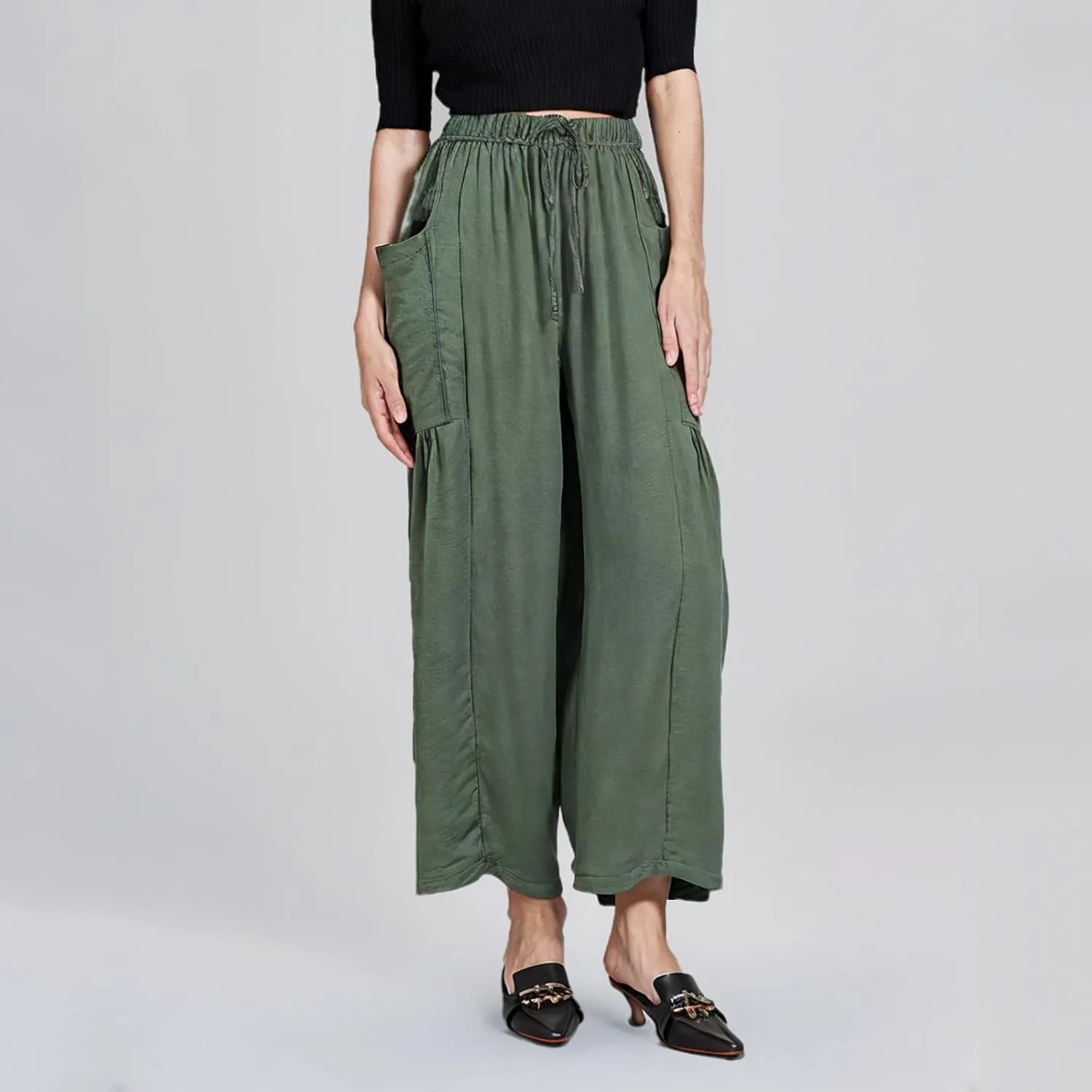 DASAYO Linen Pants Women Drawstring Elastic Waist Palazzo Harem Pants with Side Pockets Ladies Casual Loose Wide Leg Trousers