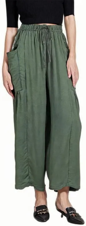 DASAYO Linen Pants Women Drawstring Elastic Waist Palazzo Harem Pants with Side Pockets Ladies Casual Loose Wide Leg Trousers