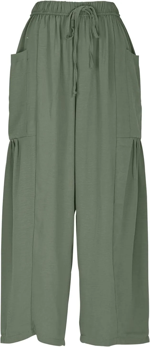DASAYO Linen Pants Women Drawstring Elastic Waist Palazzo Harem Pants with Side Pockets Ladies Casual Loose Wide Leg Trousers