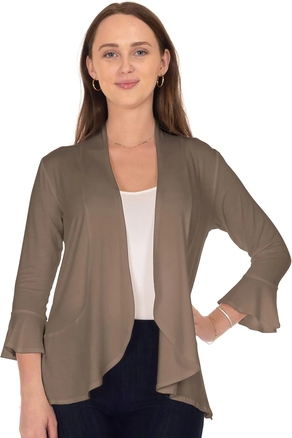 DFF Shop Women's 3/4 Length Flare Sleeve Ruffles Hem Open Cardigan (Size: S-5X)