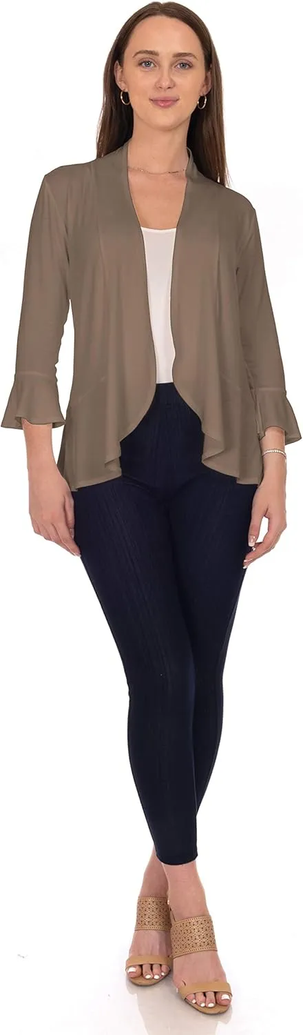 DFF Shop Women's 3/4 Length Flare Sleeve Ruffles Hem Open Cardigan (Size: S-5X)