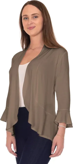 DFF Shop Women's 3/4 Length Flare Sleeve Ruffles Hem Open Cardigan (Size: S-5X)