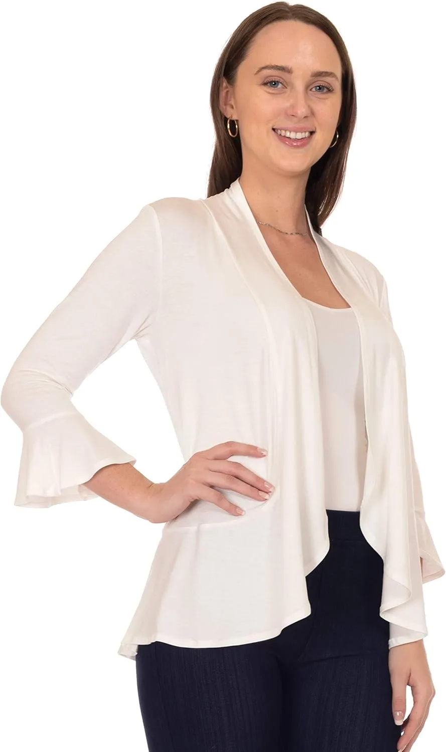 DFF Shop Women's 3/4 Length Flare Sleeve Ruffles Hem Open Cardigan (Size: S-5X)