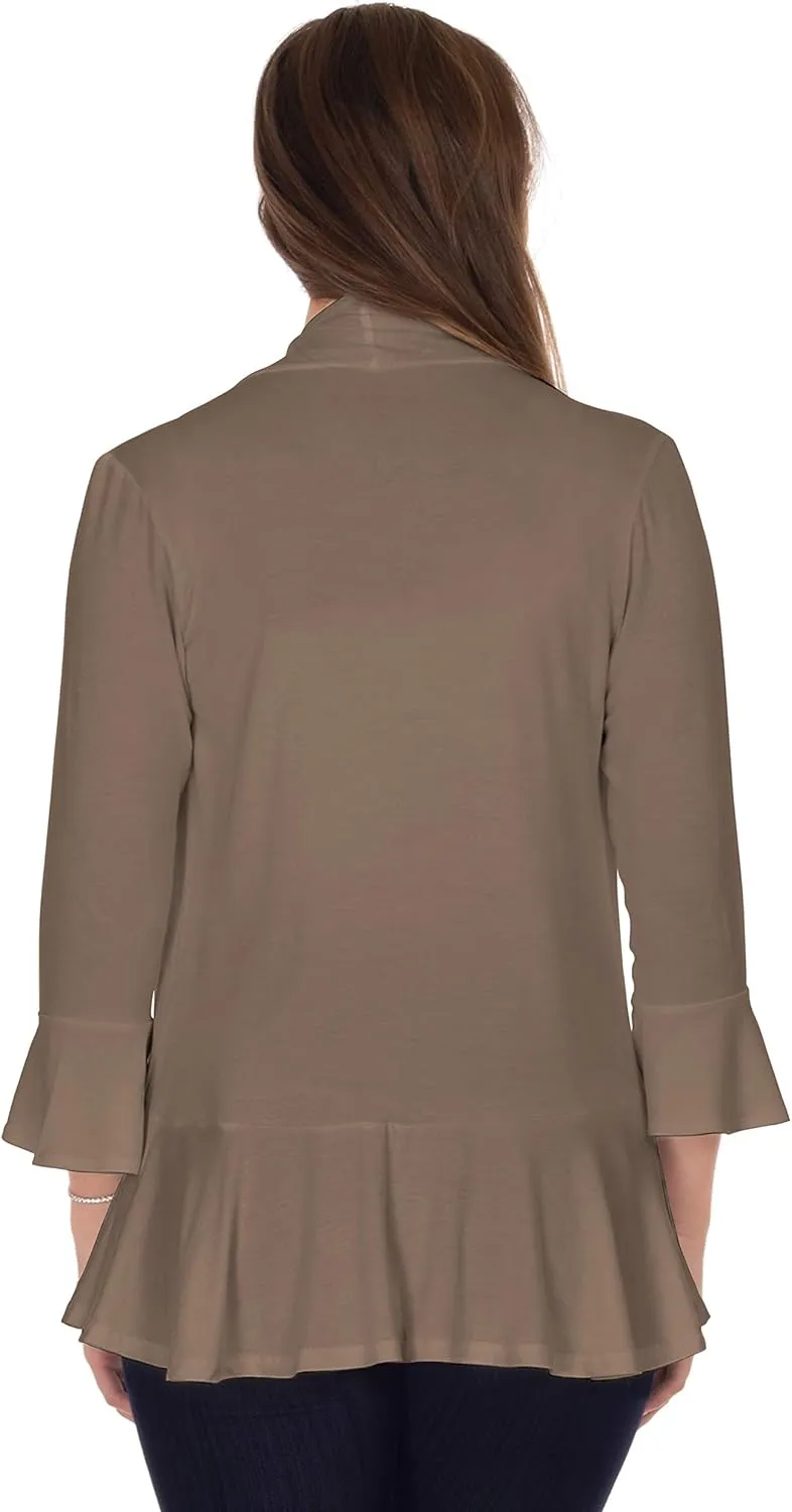 DFF Shop Women's 3/4 Length Flare Sleeve Ruffles Hem Open Cardigan (Size: S-5X)
