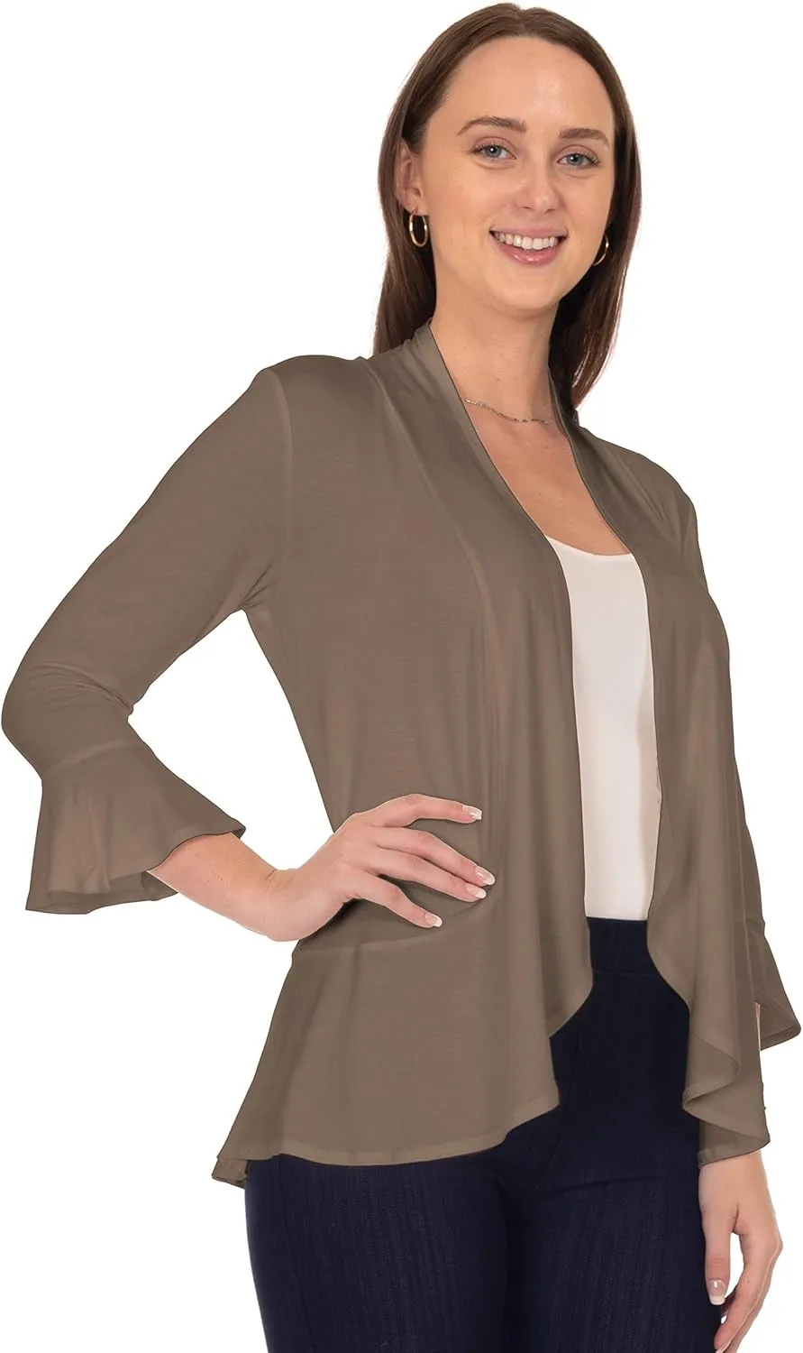 DFF Shop Women's 3/4 Length Flare Sleeve Ruffles Hem Open Cardigan (Size: S-5X)