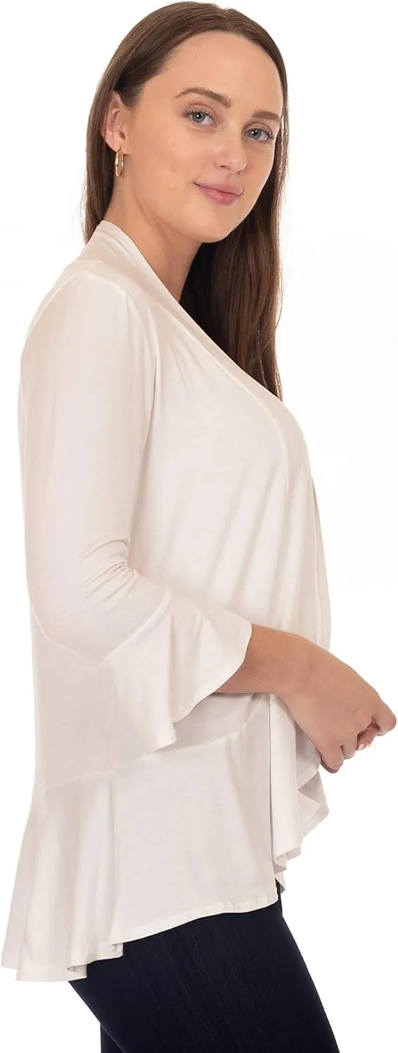 DFF Shop Women's 3/4 Length Flare Sleeve Ruffles Hem Open Cardigan (Size: S-5X)