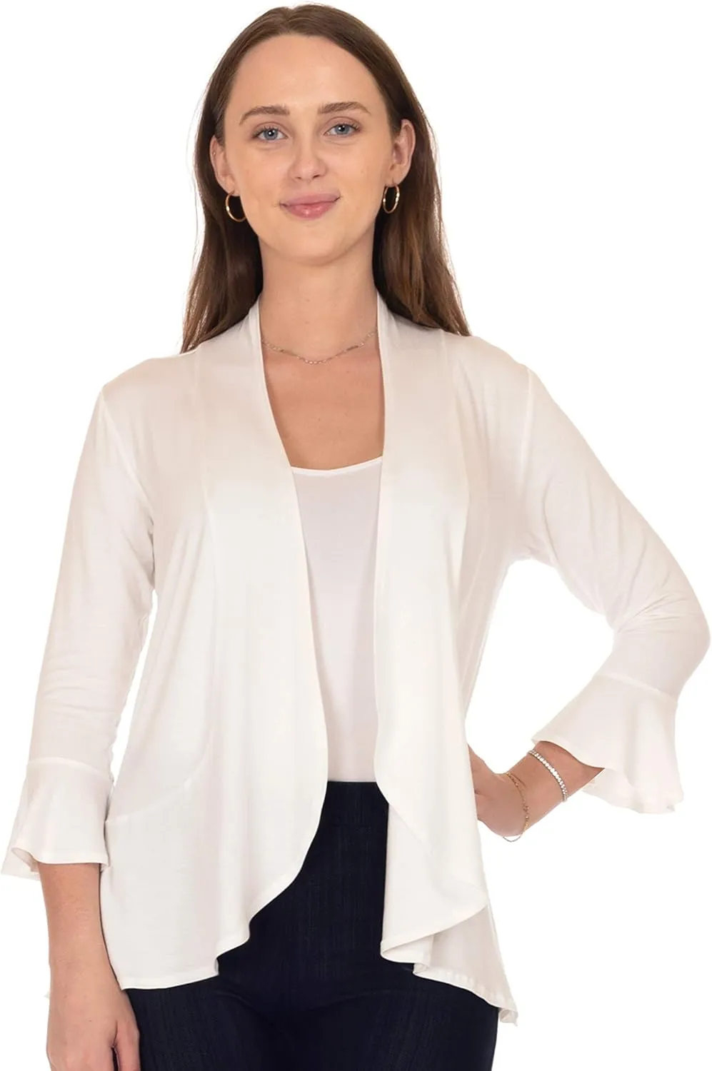 DFF Shop Women's 3/4 Length Flare Sleeve Ruffles Hem Open Cardigan (Size: S-5X)