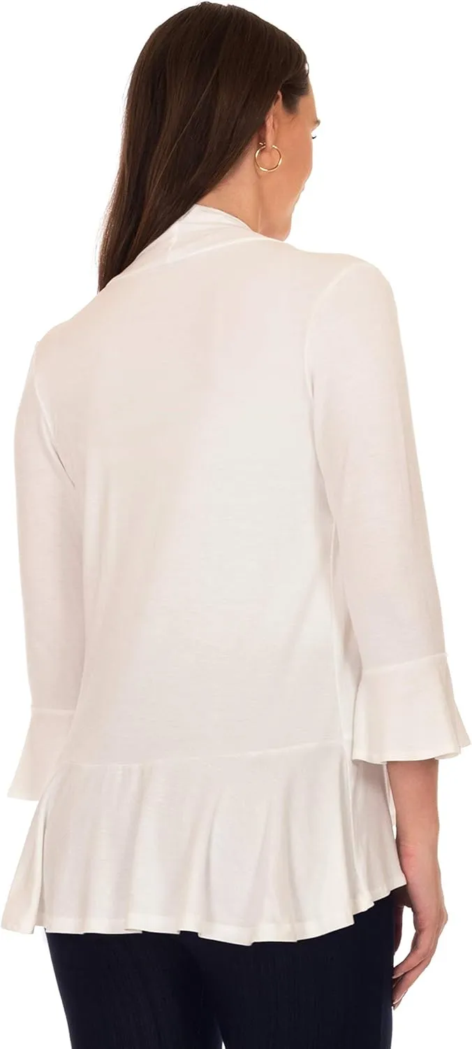 DFF Shop Women's 3/4 Length Flare Sleeve Ruffles Hem Open Cardigan (Size: S-5X)