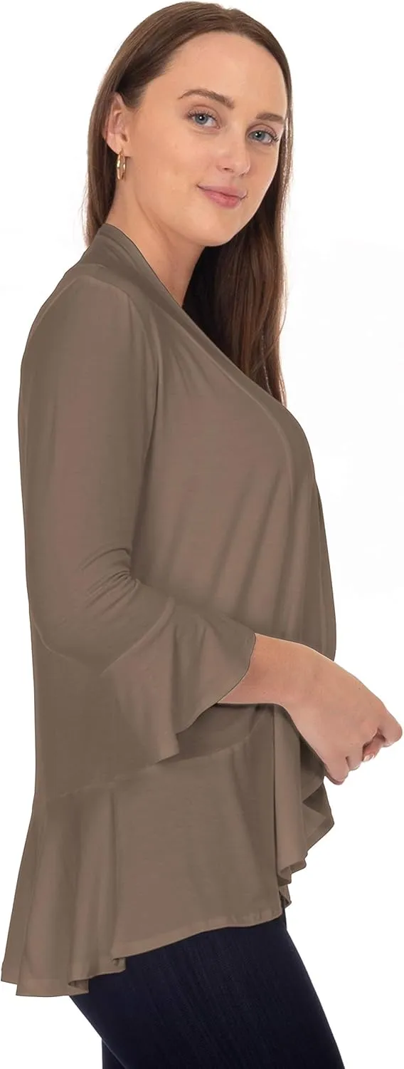 DFF Shop Women's 3/4 Length Flare Sleeve Ruffles Hem Open Cardigan (Size: S-5X)