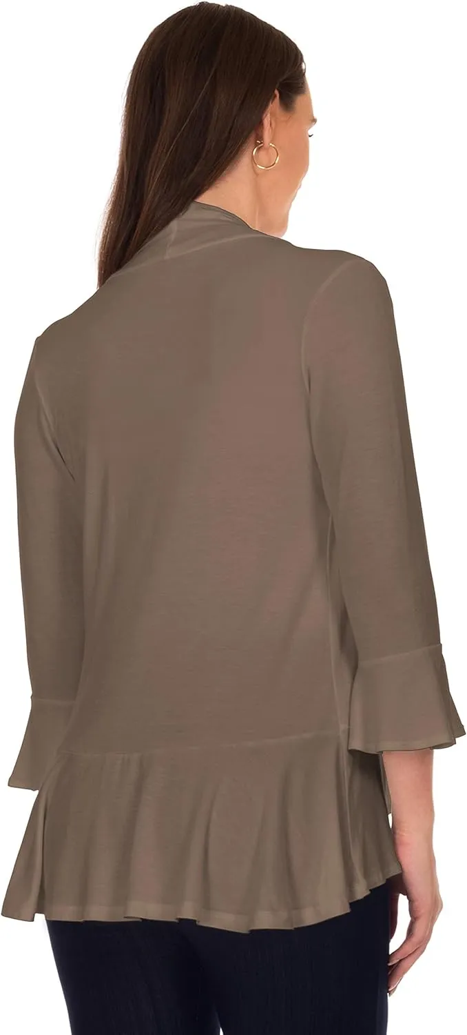 DFF Shop Women's 3/4 Length Flare Sleeve Ruffles Hem Open Cardigan (Size: S-5X)