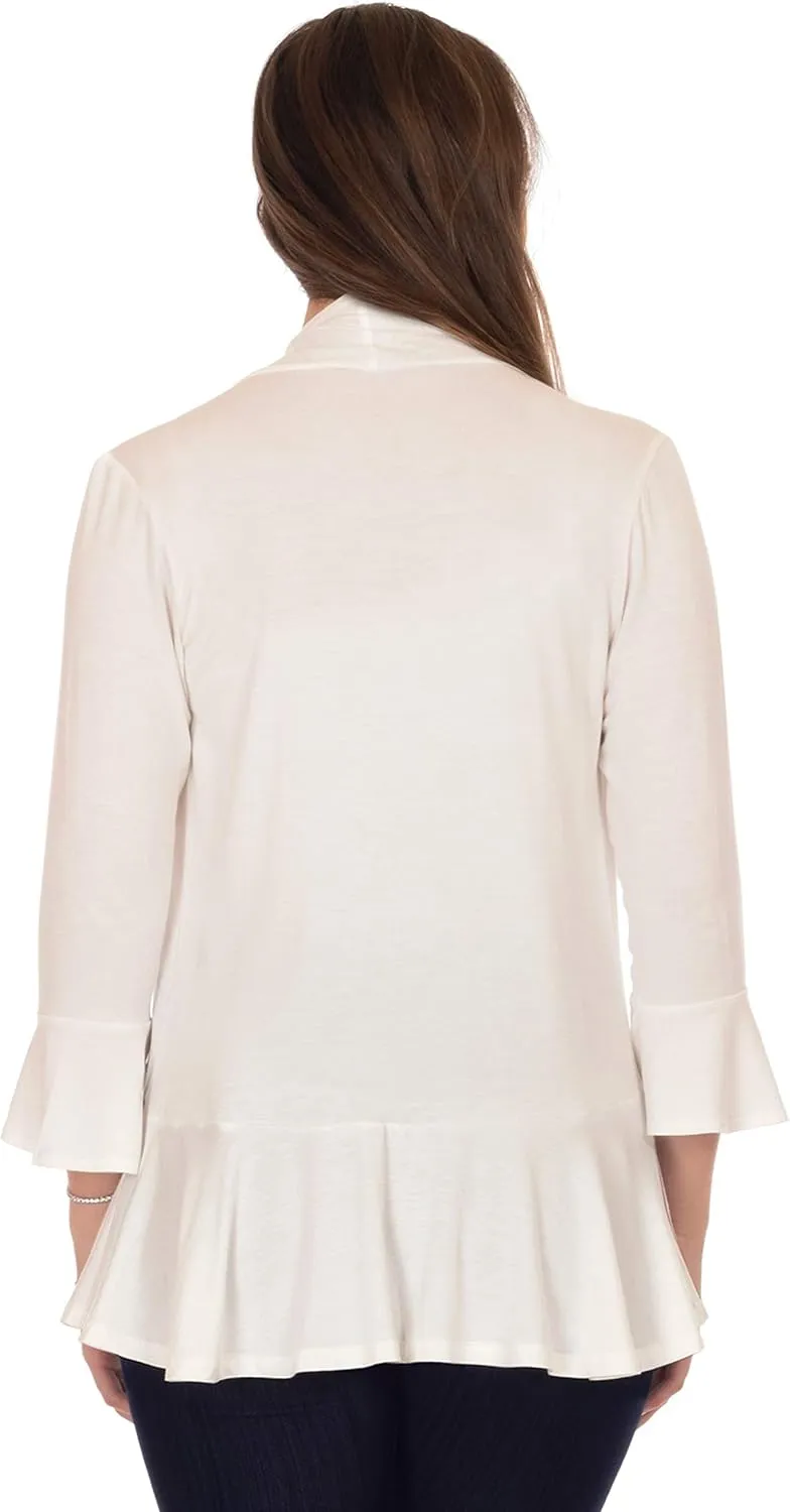 DFF Shop Women's 3/4 Length Flare Sleeve Ruffles Hem Open Cardigan (Size: S-5X)