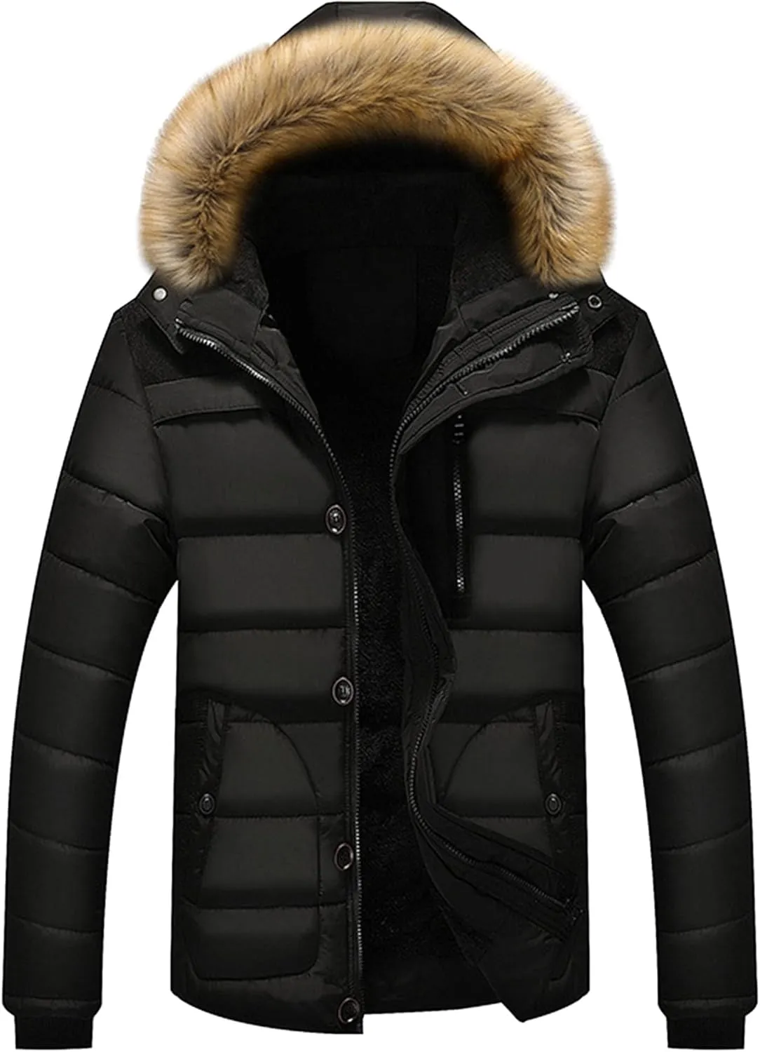 DGKaxiyaHM Men's Waterproof Padded Jacket With Hooded Thicken Warm Ski Down Coat Casual Windproof Cotton-Padded Jacket (Medium,Black)