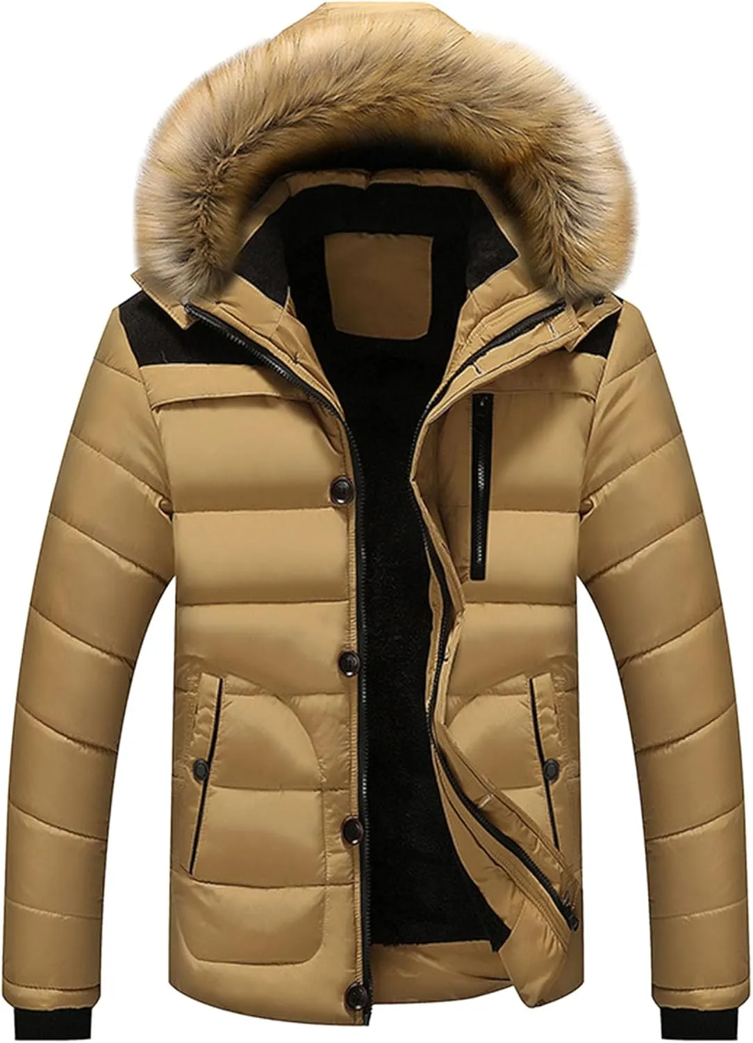 DGKaxiyaHM Men's Waterproof Padded Jacket With Hooded Thicken Warm Ski Down Coat Casual Windproof Cotton-Padded Jacket (X-Large,Khaki)