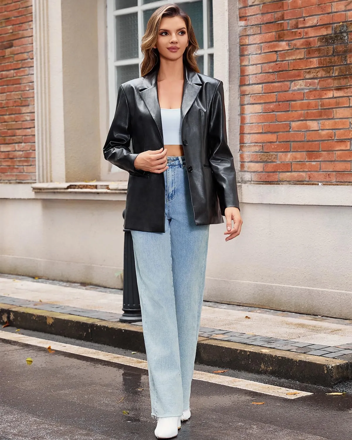 DIASHINY Women's Faux Leather Blazer Oversized Vintage Lapel Button Down Fashion Leather Jacket