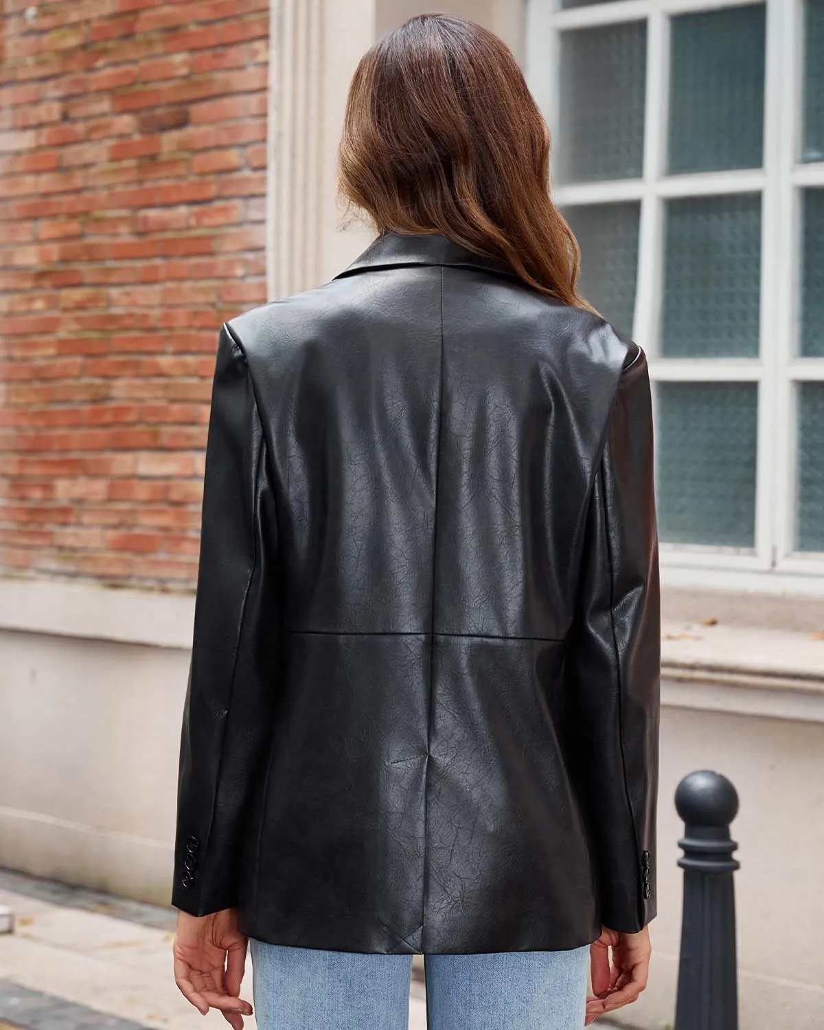 DIASHINY Women's Faux Leather Blazer Oversized Vintage Lapel Button Down Fashion Leather Jacket