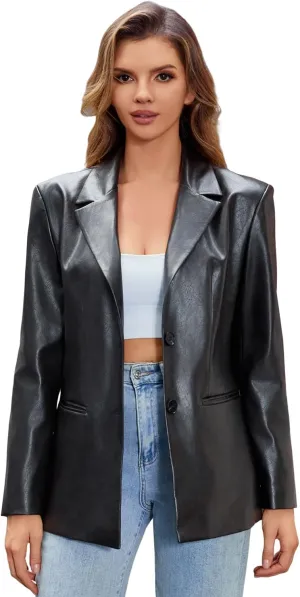 DIASHINY Women's Faux Leather Blazer Oversized Vintage Lapel Button Down Fashion Leather Jacket