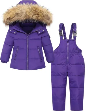 DISAUR Baby Girl Snowsuit Down Jacket Toddler Girls' Windproof Snow Wear,Kids Coat Hooded With Warm Snowbib Pants Skiing Set