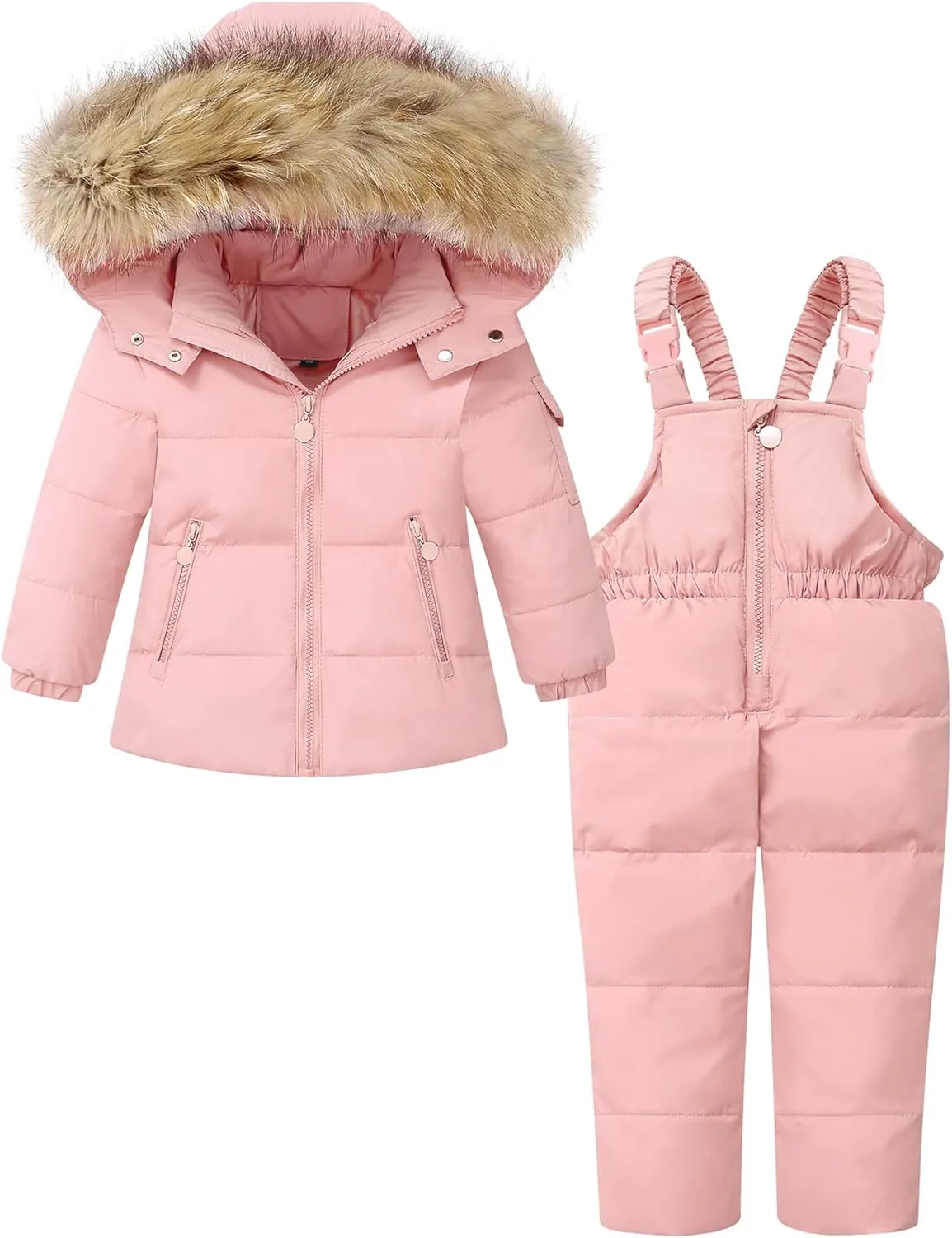 DISAUR Baby Girl Snowsuit Down Jacket Toddler Girls' Windproof Snow Wear,Kids Coat Hooded With Warm Snowbib Pants Skiing Set