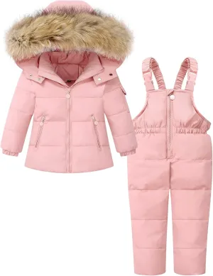 DISAUR Baby Girl Snowsuit Down Jacket Toddler Girls' Windproof Snow Wear,Kids Coat Hooded With Warm Snowbib Pants Skiing Set