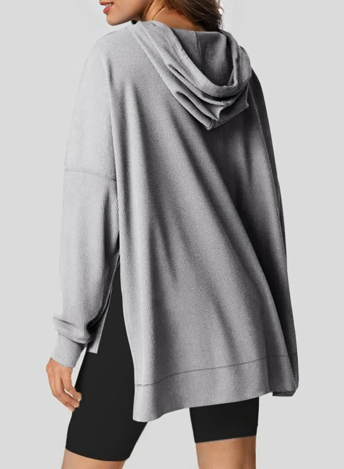 Dokotoo Oversized Hoodies for Women Casual Long Sleeve Waffle Knit Drawstring Side Slit Pullover Sweatshirts with Pocket