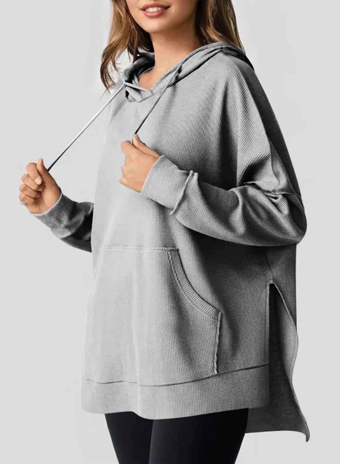 Dokotoo Oversized Hoodies for Women Casual Long Sleeve Waffle Knit Drawstring Side Slit Pullover Sweatshirts with Pocket