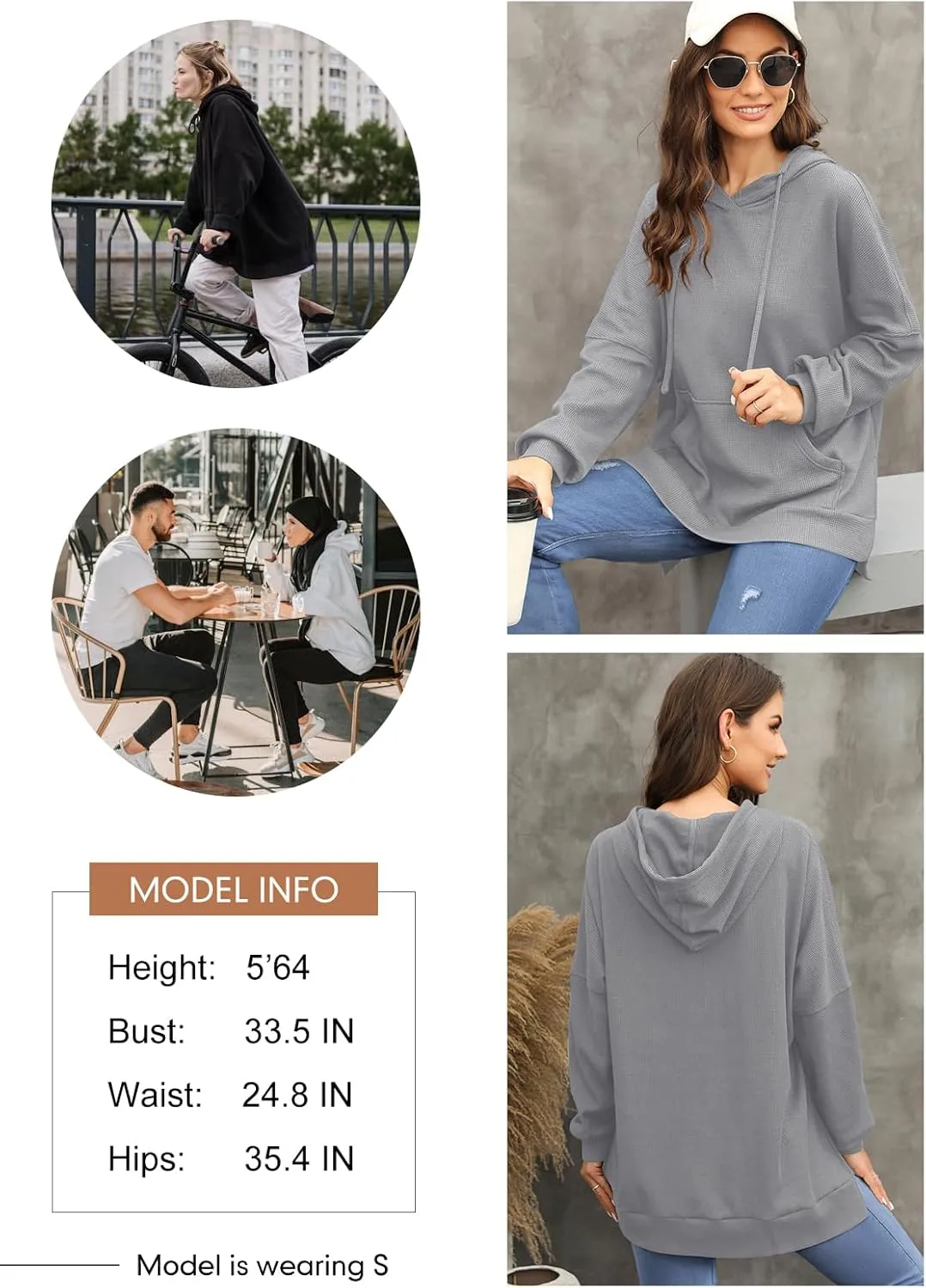 Dokotoo Oversized Hoodies for Women Casual Long Sleeve Waffle Knit Drawstring Side Slit Pullover Sweatshirts with Pocket