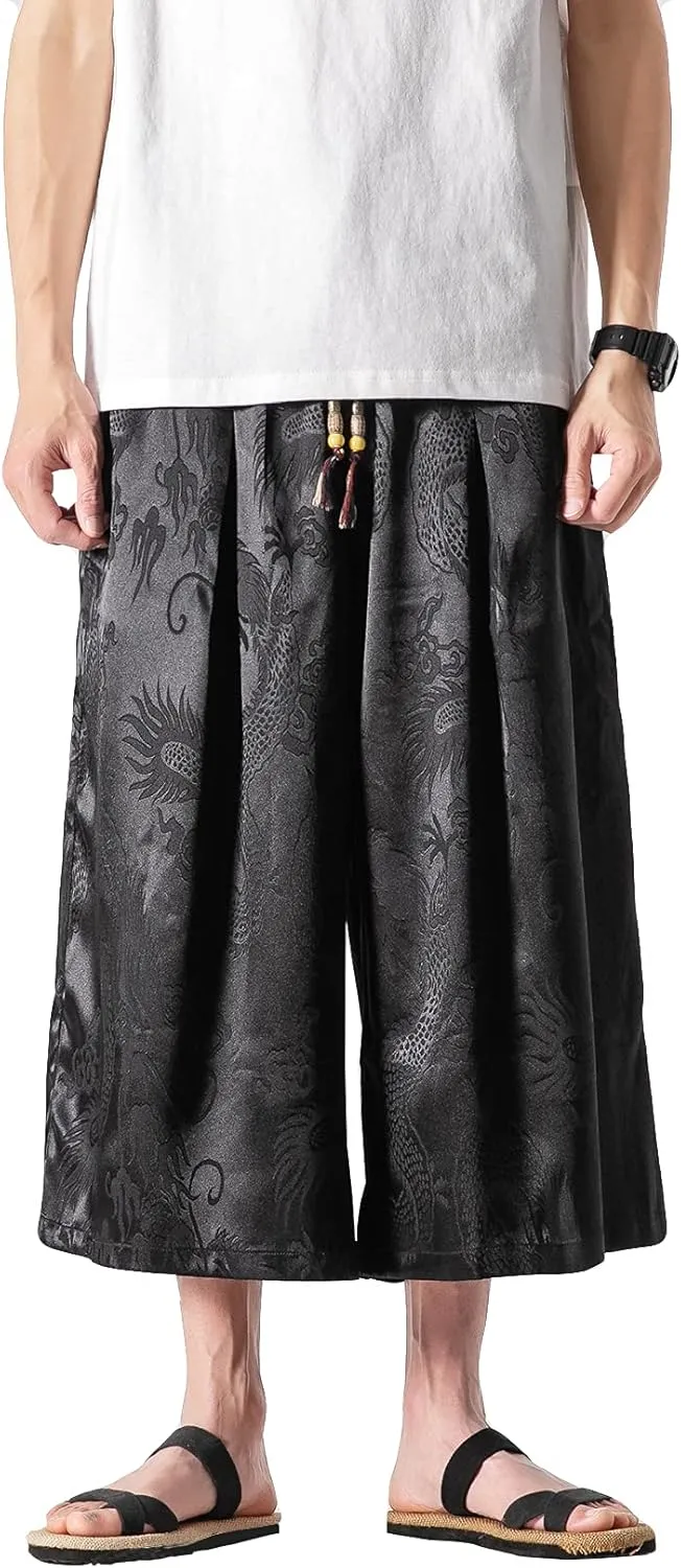 DOSLAVIDA Men's Linen Harem Capri Pants Loose Fit Yoga Beach Shorts Elastic Waist Wide Leg Baggy Cropped Trousers