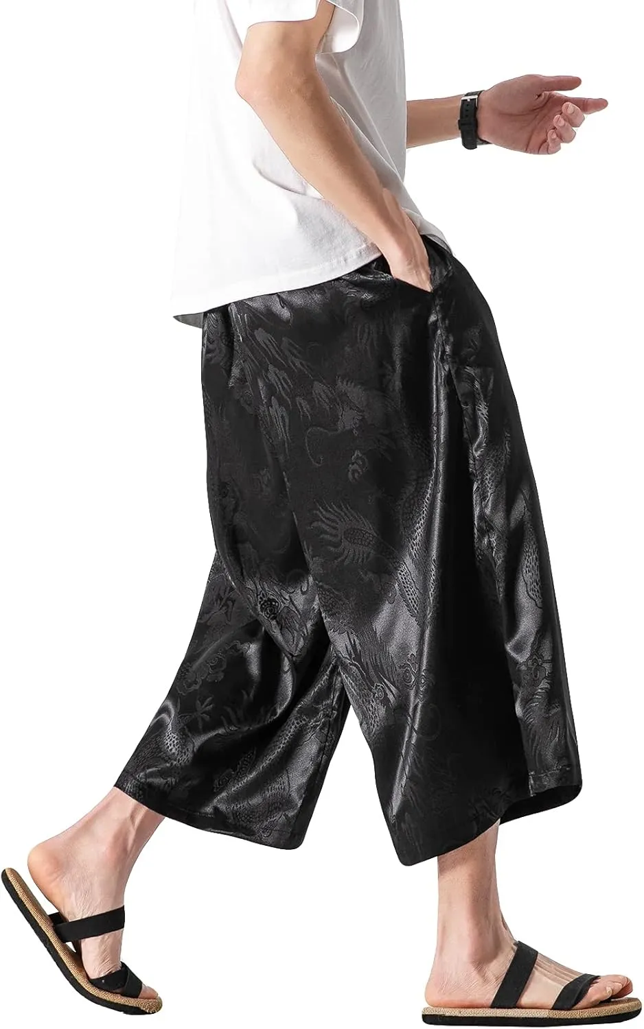 DOSLAVIDA Men's Linen Harem Capri Pants Loose Fit Yoga Beach Shorts Elastic Waist Wide Leg Baggy Cropped Trousers