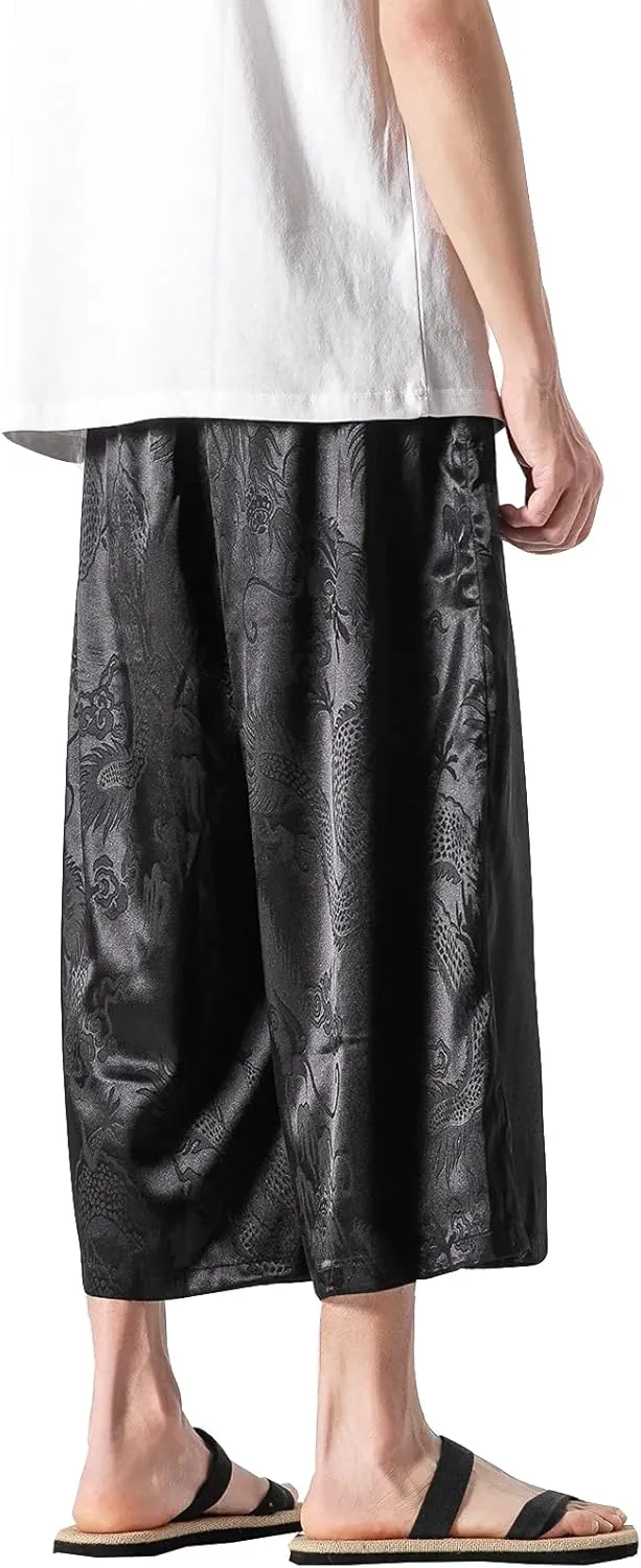 DOSLAVIDA Men's Linen Harem Capri Pants Loose Fit Yoga Beach Shorts Elastic Waist Wide Leg Baggy Cropped Trousers