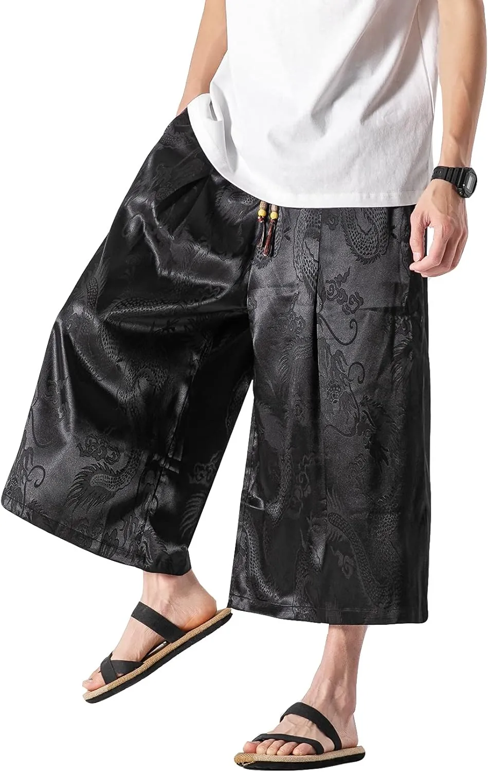 DOSLAVIDA Men's Linen Harem Capri Pants Loose Fit Yoga Beach Shorts Elastic Waist Wide Leg Baggy Cropped Trousers