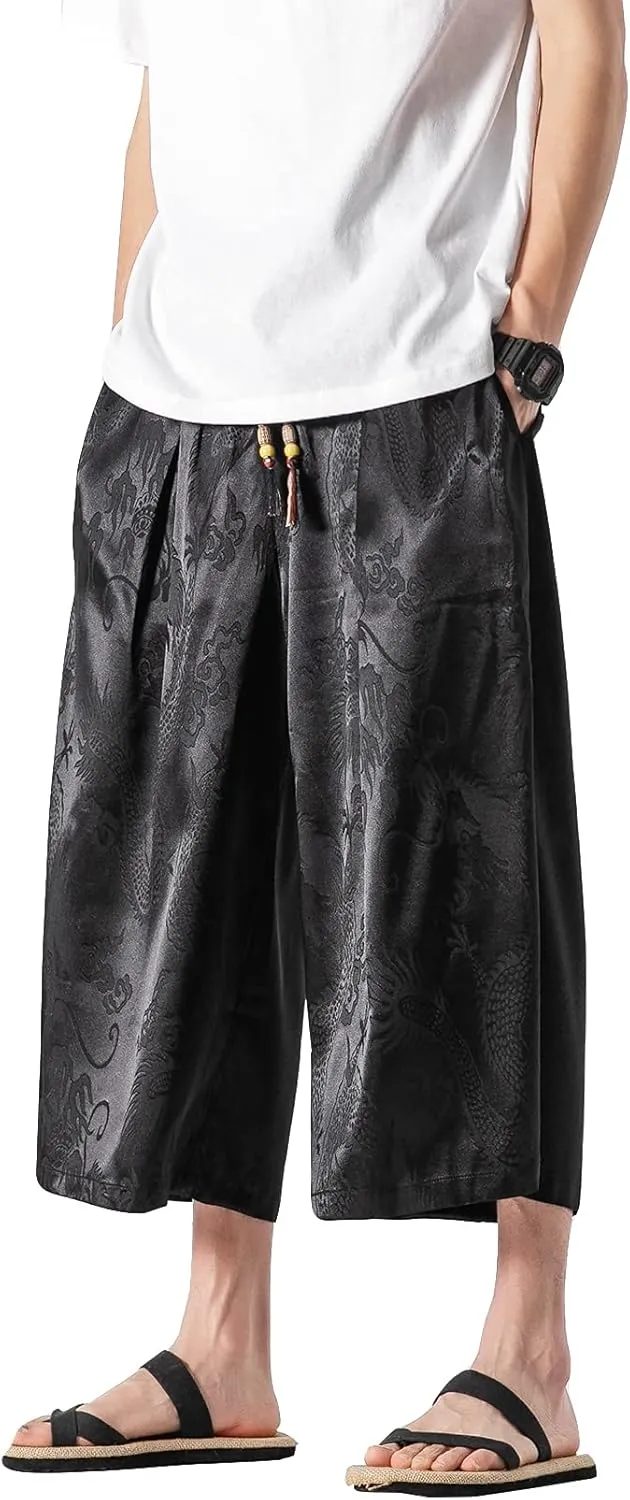 DOSLAVIDA Men's Linen Harem Capri Pants Loose Fit Yoga Beach Shorts Elastic Waist Wide Leg Baggy Cropped Trousers