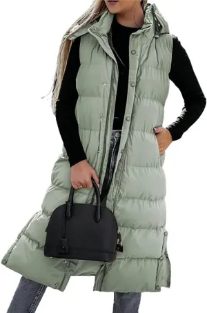 ebossy Women's Winter Warm Hooded Down Puffer Jacket Vest Zipper Cotton Padded Quilted Thicken Long Coat