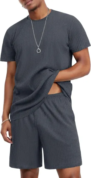 Ekouaer Mens Lounge Set Ribbed Knit Pajamas Set 2 Piece Short Set Outfits Sweatsuit Summer Soft Sleepwear Loungewear