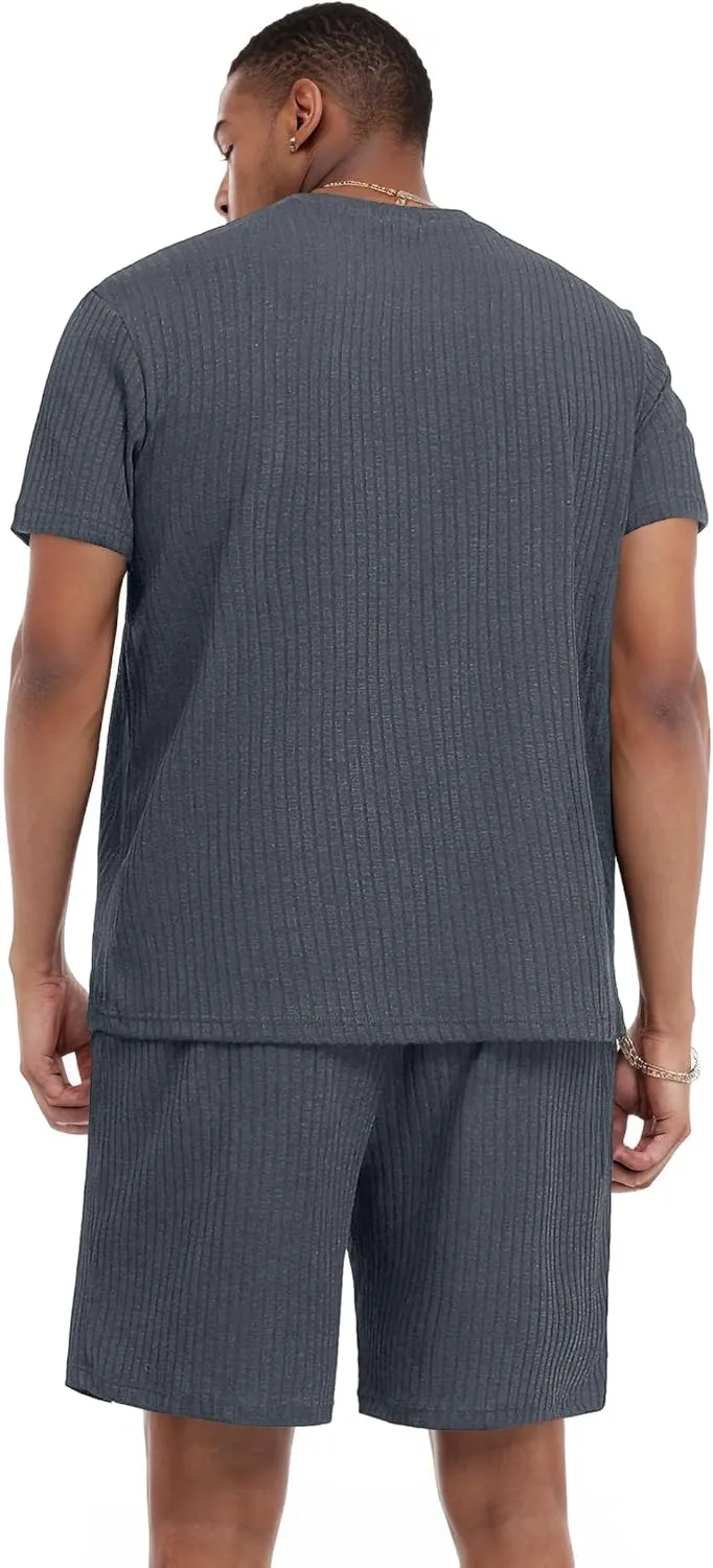 Ekouaer Mens Lounge Set Ribbed Knit Pajamas Set 2 Piece Short Set Outfits Sweatsuit Summer Soft Sleepwear Loungewear