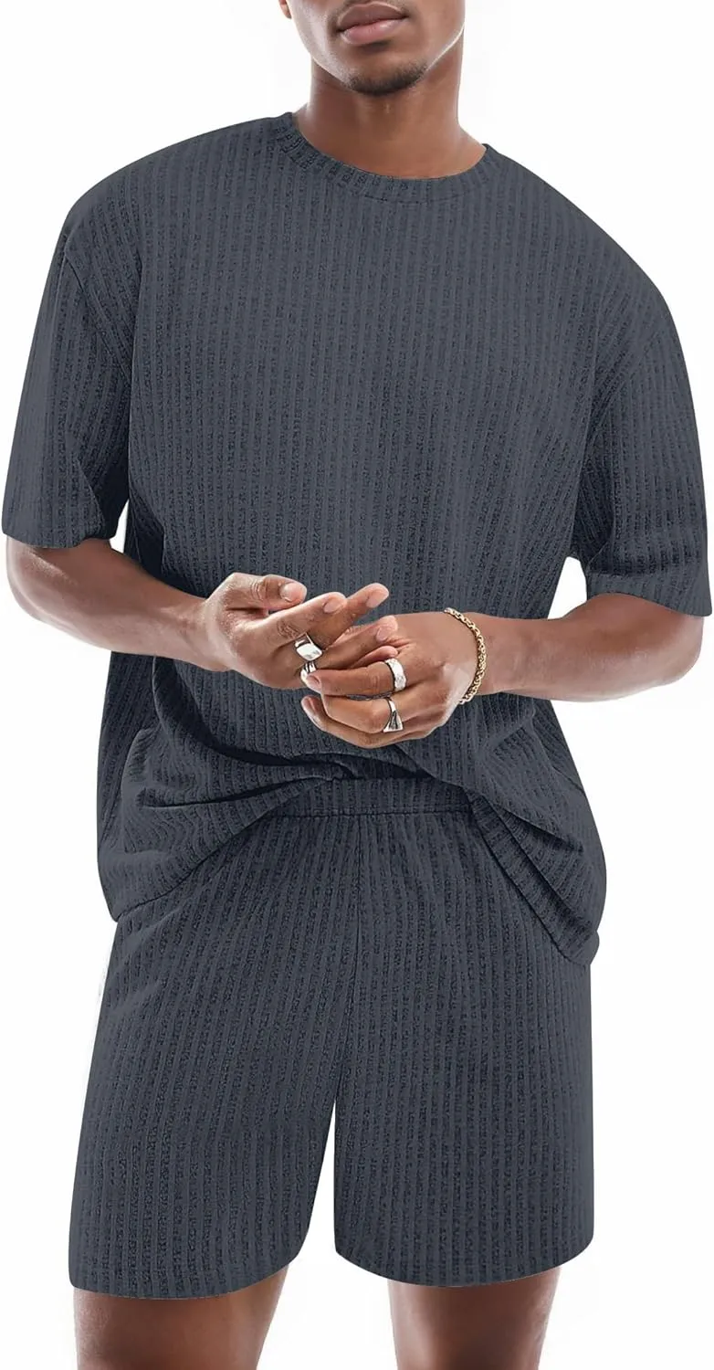Ekouaer Mens Lounge Set Ribbed Knit Pajamas Set 2 Piece Short Set Outfits Sweatsuit Summer Soft Sleepwear Loungewear