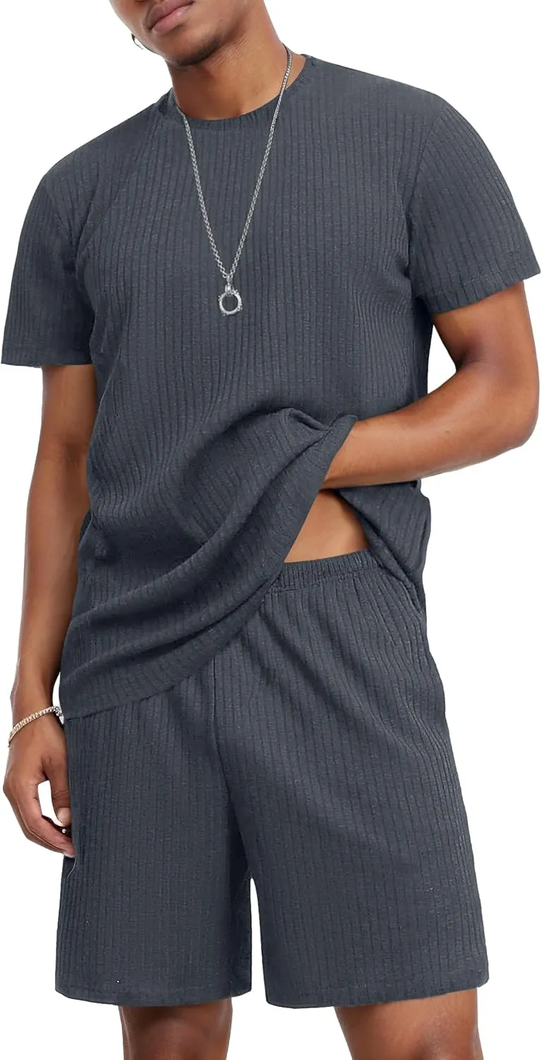 Ekouaer Mens Lounge Set Ribbed Knit Pajamas Set 2 Piece Short Set Outfits Sweatsuit Summer Soft Sleepwear Loungewear