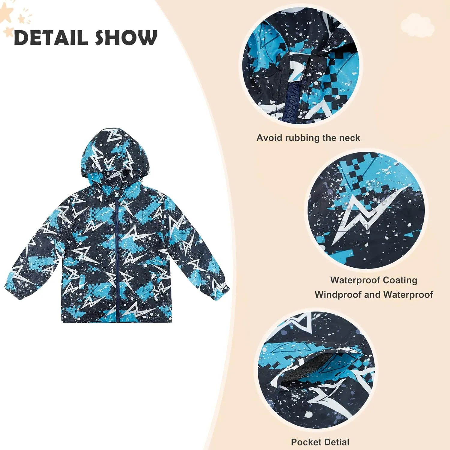 ESTAMICO Boys Windbreaker Jacket Fashion Hoodies Outwear Coat Waterproof Zipper Raincoat, 4T-12