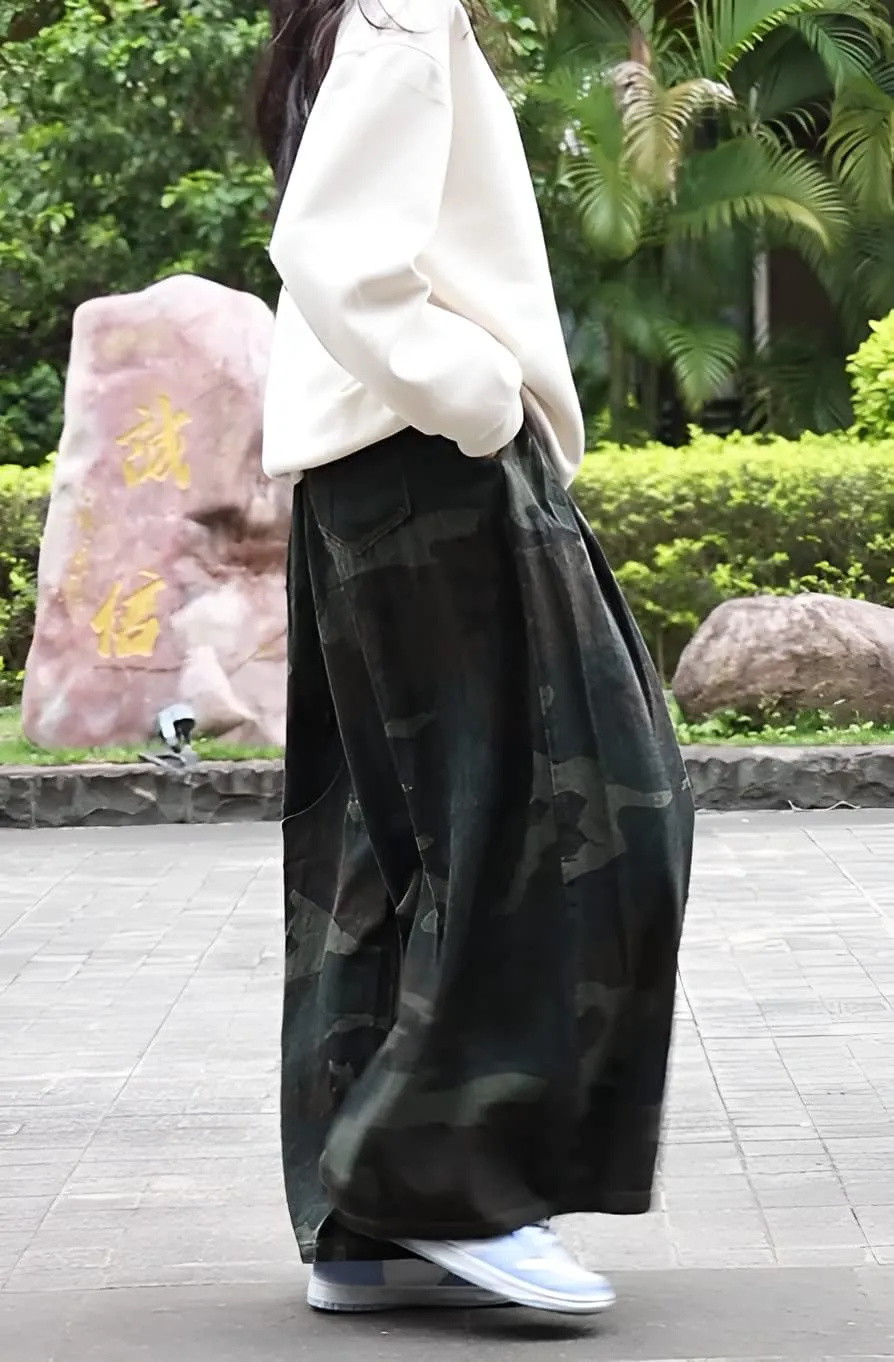 Extra Wide Leg Denim Pants for Women Long Jeans Elastic Waist with Pockets Plus Size Loose Casual