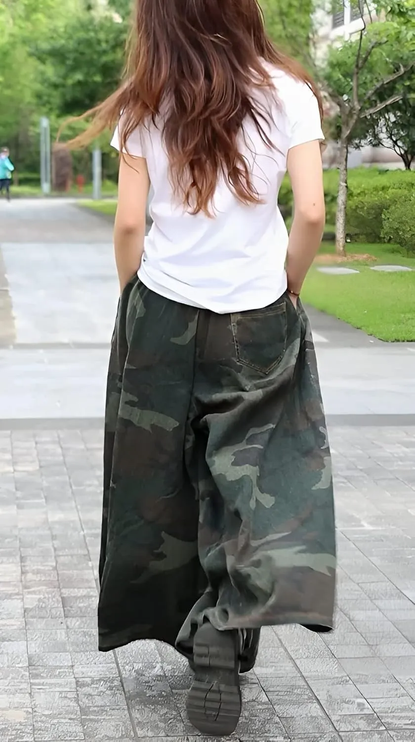 Extra Wide Leg Denim Pants for Women Long Jeans Elastic Waist with Pockets Plus Size Loose Casual