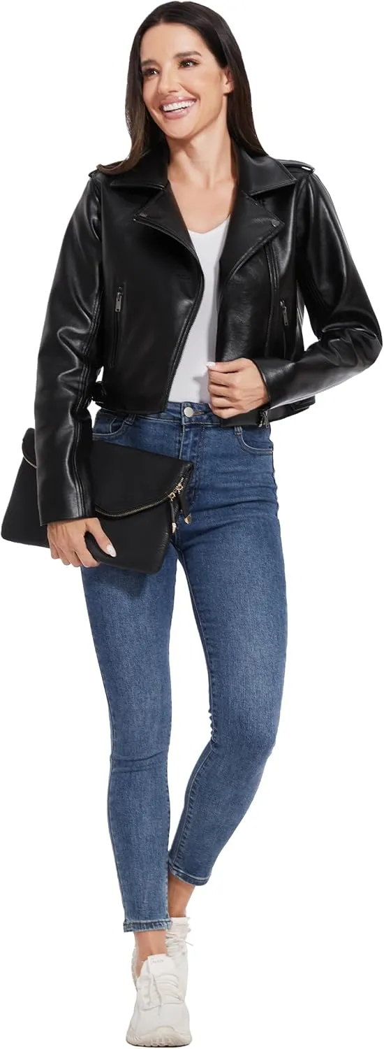 Fahsyee Faux Leather Jacket Women - Cropped Motorcycle Biker Casual Blazer S-XXL