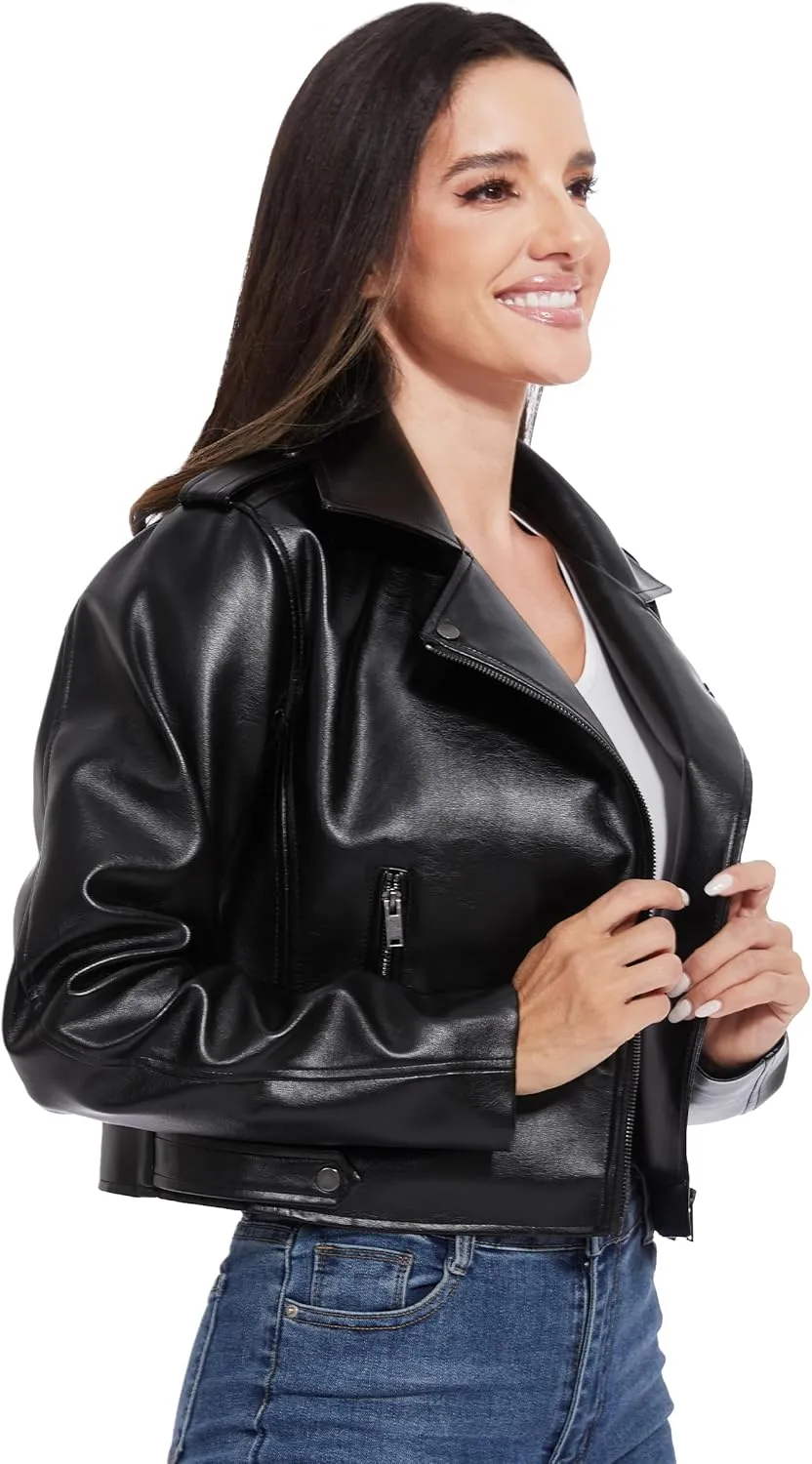 Fahsyee Faux Leather Jacket Women - Cropped Motorcycle Biker Casual Blazer S-XXL