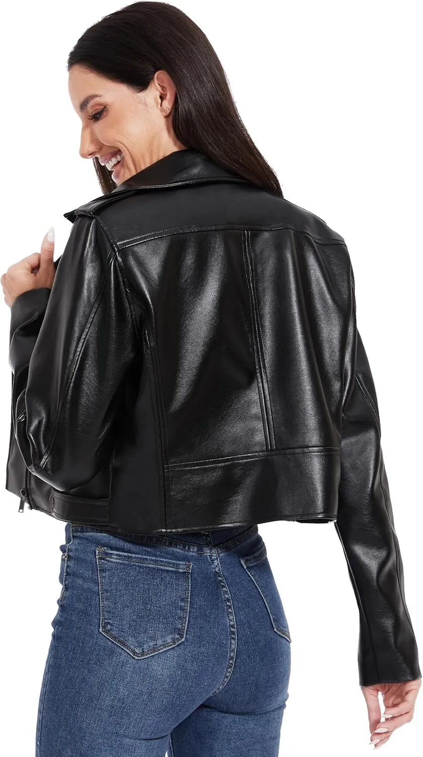 Fahsyee Faux Leather Jacket Women - Cropped Motorcycle Biker Casual Blazer S-XXL