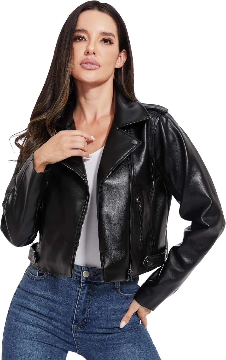 Fahsyee Faux Leather Jacket Women - Cropped Motorcycle Biker Casual Blazer S-XXL