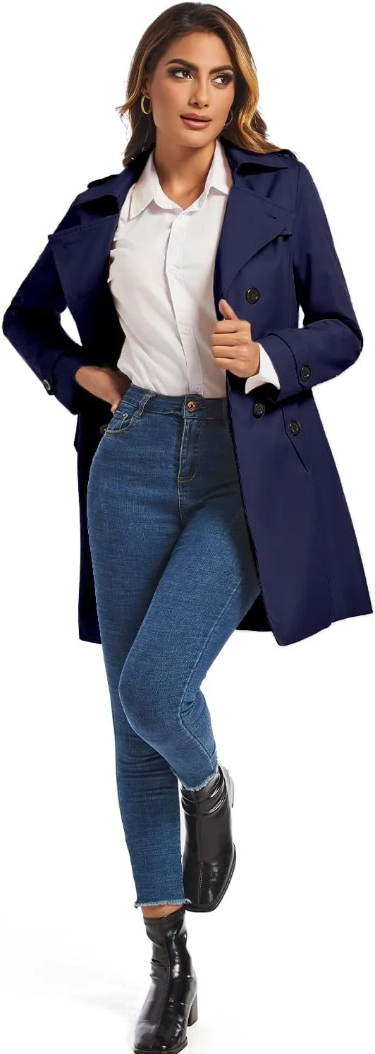 FARVALUE Women's Double Breasted Trench Coat Water Resistant Windbreaker Classic Belted Lapel Overcoat