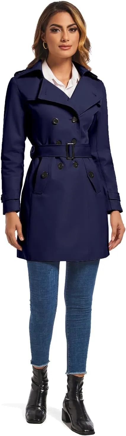 FARVALUE Women's Double Breasted Trench Coat Water Resistant Windbreaker Classic Belted Lapel Overcoat
