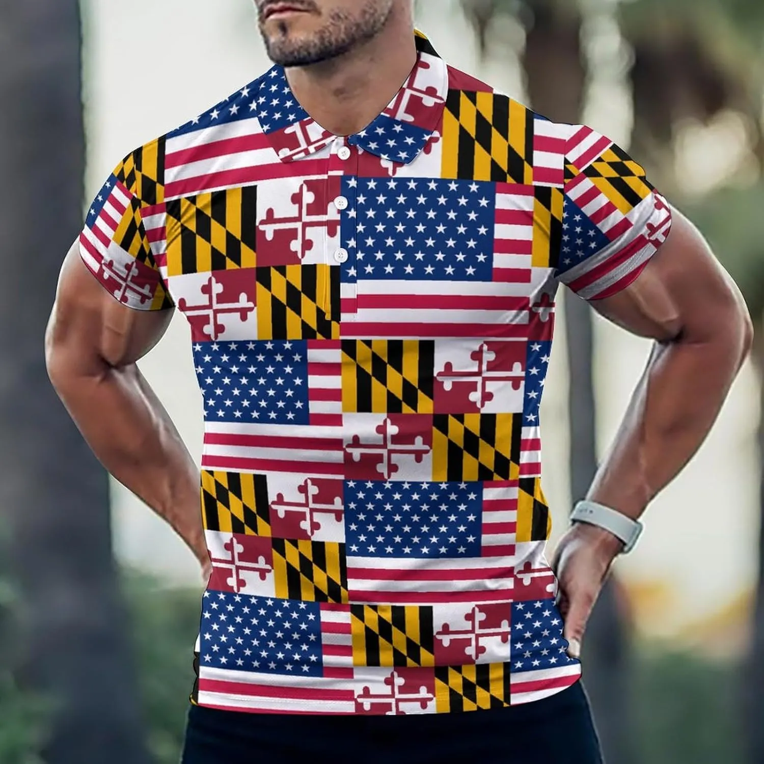 Flag of U.S.A and Maryland Slim Fit Men's Short Sleeve Polo Shirts Quick-Dry Breathable Golf T-Shirt Tops