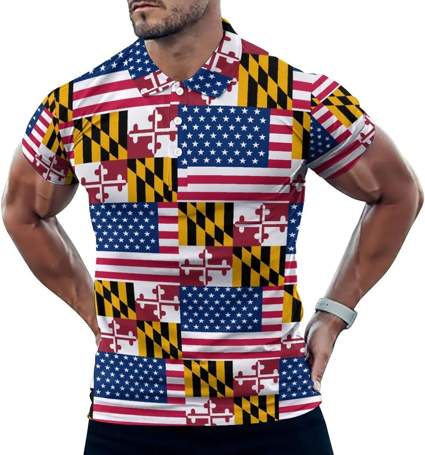 Flag of U.S.A and Maryland Slim Fit Men's Short Sleeve Polo Shirts Quick-Dry Breathable Golf T-Shirt Tops