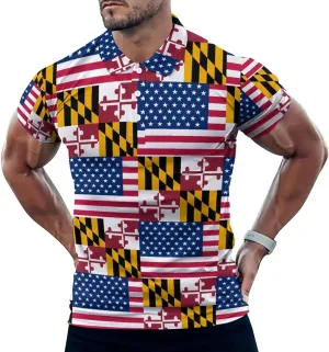 Flag of U.S.A and Maryland Slim Fit Men's Short Sleeve Polo Shirts Quick-Dry Breathable Golf T-Shirt Tops